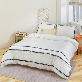 Herside White Duvet Cover Set Double 200x200cm Boho Bedding All Black Pom Poms Fringed Design Soft Microfibre Shabby Chic Bedding Sets with 2 Pillowcases (White Black,Double)