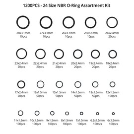 QWORK® Nitrile O Ring Assortment, 1200 Pieces Black Waterproof Sealing Ring in 24 Sizes for Repairing Plumbing, Air Conditioning, Automotive and Faucets (6-28mm Diameter)