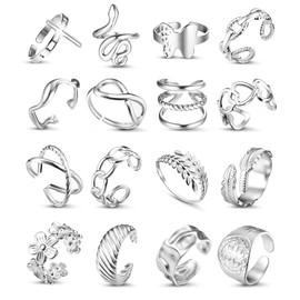 Sanfenly 16Pcs Stainless Steel Rings for Women Open Knuckle Stackable Rings Adjustable Aesthetic Silver Rings Snake Leaf Feather Butterfly Chunky Thumb Finger Rings Trendy Simple Statement Rings Non Tarnish Indie rings