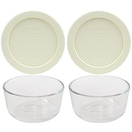 Pyrex (2) 7202 1 Cup Glass Bowls & (2) 7202-PC Sour Cream Lids