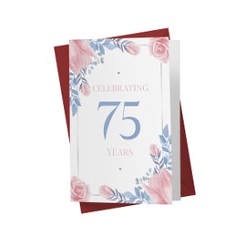 75th Birthday Card - Blue And Rose Flowers 75th Anniversary Card For Sister, Mother, Grandmother, Aunt, Wife, Girlfriend - 75 Years Old Birthday Card - Happy 75th Birthday Card - With Envelope