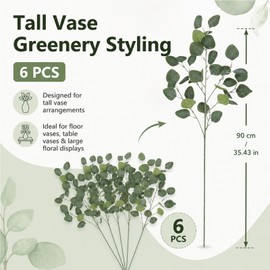 Artificial Eucalyptus Stems 6 Pcs, 90cm Fake Eucalyptus Stems and Apple Leaf Branches, Artificial Flowers Greenery for Tall Vase, Home Decoration, Wedding, Living Room and Table Decor