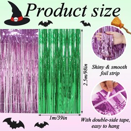 2 Pcs Wicked Party Decorations, Pink and Green Tinsel Curtains, 1x2.5m Foil Curtains, Witch and Princess Themed Party Decor, Birthday and Disco Event Backdrop