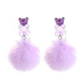 Gummy Bear Earrings Pom Pom Bear Drop Earrings Colorful Cartoon Pom Ball Gummy Bears Dangle Earring for Women-purple