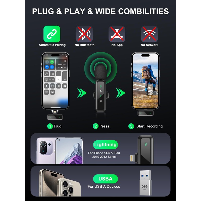 Wireless Lavalier Microphone for iPhone 5-14 Series, LED Display Mini