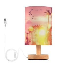 Oarencol Bedside Table Lamp Tropical Palm Tree Sun Sunset Sky Birds Nightstand Lamp with Wood Desk Lamps for Bedroom Living Room Nursery Office Home Decor