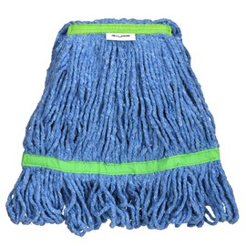 Alpine Industries Cotton Mop Head - Commercial Mop Head Replacement – 24 oz Cotton Blend, Blue Loop End Mop Head - 1" Green Headband & Tailband (12 Pack)