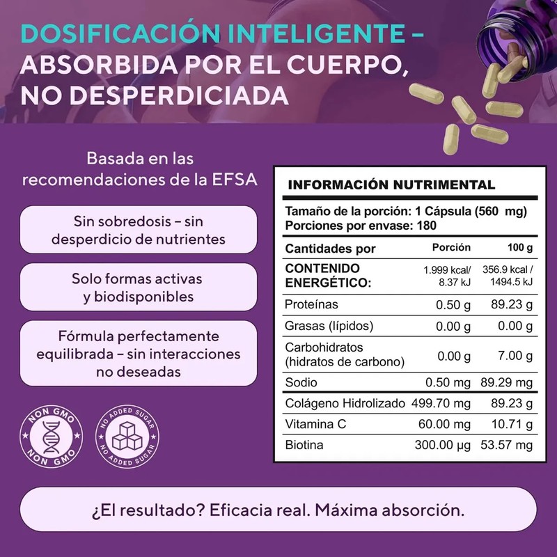 Biotina y Colágeno Hidrolizado, Cápsulas para Cabello, Piel y Uñas,