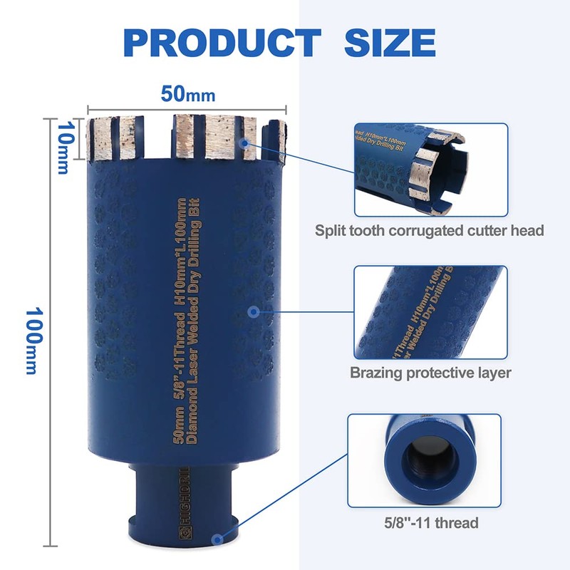 HIGHDRIL Diamond Core Drill Bit,Diameter 2 Inch with 5/8-11 Thread,Dry