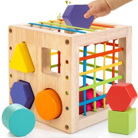 Winique Wooden Shape Sorter Cube, Montessori Toys for 1 Year Old, 8pcs Colorful Multisensory Shapes, Developmental Learning Toy for Baby Girls Boys, 1st Birthday Gift, (SC21)
