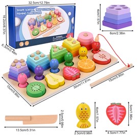 XiYee 3-in-1 Montessori Toy, Wooden Sorting & Stacking Toy Puzzle with 20 Geometric Building Kits, Magnetic Fishing Game, 3-in-1 Montessori Toy, Magnetic