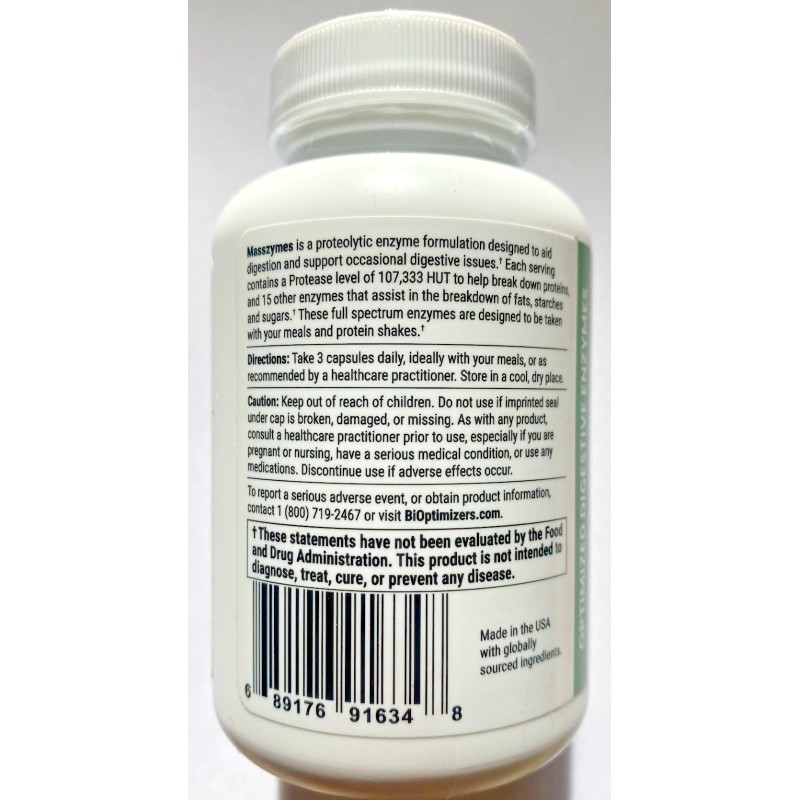 BiOptimizers MassZymes Digestive Enzymes 120 Caps Gluten Free Advanced Enzyme