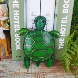 Genuine Leather Zippered Coin Purse Handcrafted Change Pouch Purse Wrist Clutch with Key ring for Women Men Gift a Turtle Keychain (Turtle)