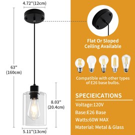 ZSMIHDOH Black Pendant Light Fixtures,1-Light Modern Pendant Lighting Kitchen Island, Glass Kitchen Lights Hanging Light Fixture for Hallway Entryway Foyer Dining Room Lights