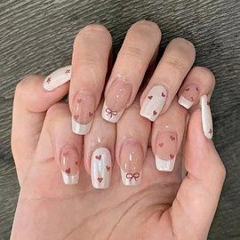 24Pcs French False Nails Tip, Square Press on Nails with Bow Heart Dot Design, Acrylic Full Cover Fake Nail Stick on Nails for Women Girls Valentines Nails Art Manicure (French White)