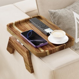 ZUJJAFY Couch Armrest Table, Acacia Wood Couch Arm Tray, Clip-On Sofa Arm Tray Table for Drink Eating Snacks Remote and Control