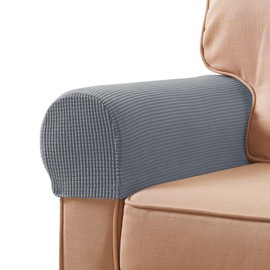 SUBRTEX Stretch Couch Arm Covers Set of 2, Checkered Sofa Arm Slipcovers, Anti-Slip Armrest Covers for Recliner and Armchairs, Pet Proof, High Stretchy, Hook & Loop Tape, Light Gray