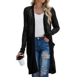 GRECERELLE Cardigan Women's Summer Long Cardigan Long Sleeve Hole Pattern Beach Jacket Lightweight Thin Front Open Cover Up, black, XL