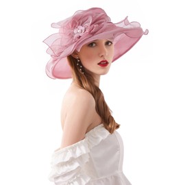 TLMNU Organza Fascinator Hat - Women¡¯s Wide Brim Church Bridal Tea Party Wedding Hat 06Pink-Purple