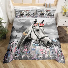 Feelyou Girls Horse Duvet Cover Twin Size Farmhouse Horse Floral Bedding Set for Kids Boys Girls Teens Room Wild Animal Decor Comforter Cover Set Black White Watercolor Bedspread Cover 2Pcs Zipper