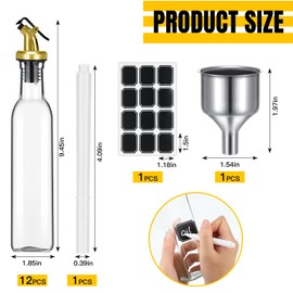 Hushee 12 Pcs Clear Glass Olive Oil Dispenser Bottles Sets Include 8oz Glass Bottle with Spout Oil Vinegar Cruet Container for Kitchen Stainless Steel Funnel Black Labels with White Pen(Gold)