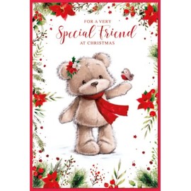 Special Friend Christmas Card - Cute Bear Holding Robin with Red Foil 7.5x5.25"