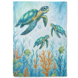 coedoaes Sea Turtle Fleece Blanket,50x60in,Watercolor Ocean Reef Coral and Fish Throw Blankets,Soft Cozy Lightweight, Ideal for Bed Living Room Home Marine Decor,Kids Gifts