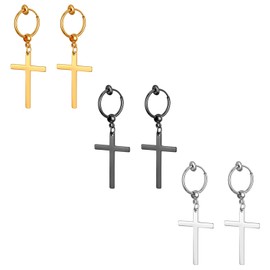 Cupimatch Cross Earrings Set Men Women Stud Earrings Cross Pendant Dangle Hoop Ear Piercing Tunnel Earrings Small Hoop Earring Black Silver Gold, Stainless Steel