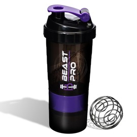 Beast Pro Shaker Bottle For Protein Shakes and Pre workouts | Protein & Pill Storage Bin | 16 Ounce | Plastic Shaker Bottle | Leak Proof | BPA Free (Purple)
