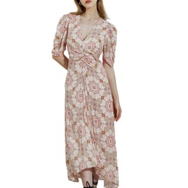 SIXDO Womens 2025 Summer Midi Dresses Vintage Floral Kaleidoscope Print Short Sleeve V Neck Pink