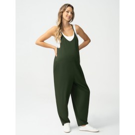 POSHDIVAH Women's Maternity Jumpsuit Pregnancy Casual Romper Overalls Sleeveless Baggy Long Pants Outfits Jumper with Pockets Deep Forest Large