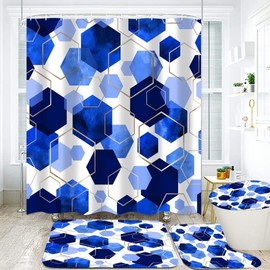 LQCOOL Blue Bathroom Curtain Set, 4Pcs Modern Art Geometric Shower Curtain with 12 Hooks, Waterproof, Blackout, 70.8' L x 70.8' W
