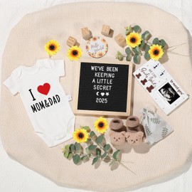 OFUSUY 11 Pcs Pregnancy Announcement Set, Pregnancy Reveal Ideas Include Felt Letter Board Sonogram Picture Frame Baby Bodysuit Baby Sock Baby Sign Wood Blocks and Sunflower for Coming Soon Baby Announcement
