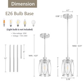 ElilyGiA Glass Pendant Lights Kitchen Island Brushed Nickel Pendant Light Fixtures Adjustable Farmhouse Mini Hanging Light with Clear Glass for Sink Dining Room Foyer Entryway Bar, 3 Pack