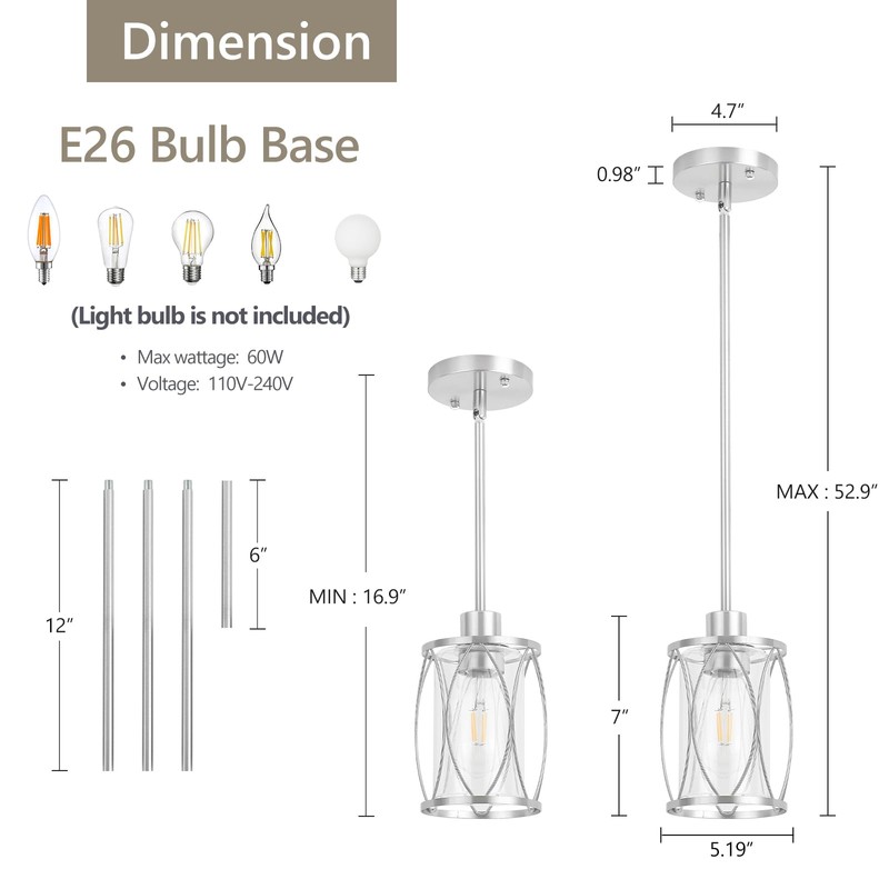 ElilyGiA Glass Pendant Lights Kitchen Island Brushed Nickel Pendant Light