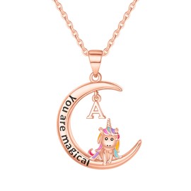 Unicorn Necklace for Girls, Rose Gold Plated Initial Necklaces Kids Necklace Crescent Moon Necklace Unicorn Necklace for Kids Unicorn Gifts for 6 Year Old Girl Kids Jewelry for Teen Girl Gifts (A）