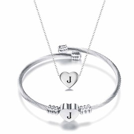 MYNENEY NIBASTAR Heart Name Necklace and Bracelet for Women Stainless Steel A-Z letters Initial Statement Jewelry Set for Mother's Day