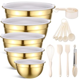 Shellwei Gold Mixing Bowls with Airtight Lids 24 Pcs Stainless Steel Mixing Bowls Set Size 1, 1.5, 2, 3.6, 7QT, Measuring Cups Spoons Baking Utensils Bowl for Kitchen Baking Serving Food