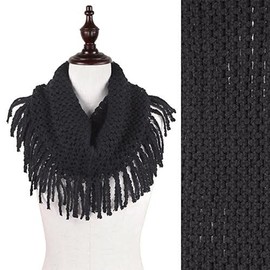 stylesilove Two Tone Womens Winter Warm Mini Tube Infinity Scarf With Fringe (One Size Fits All, Black)