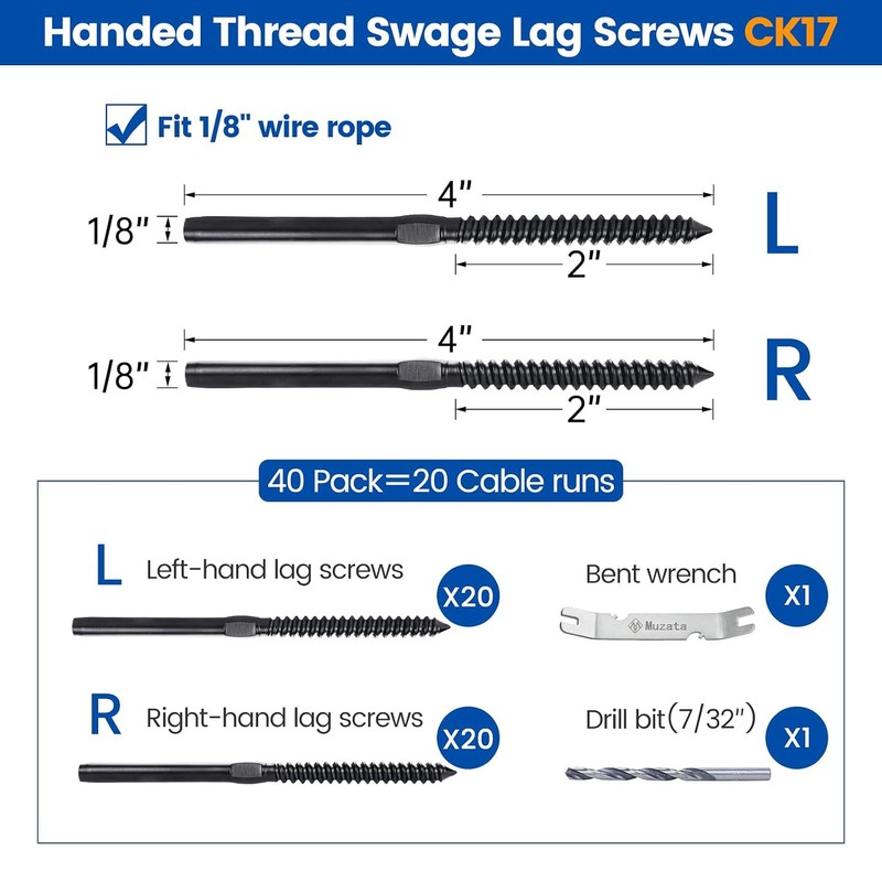 Muzata 40Pack 1/8" Black Swage Lag Screws Left & Right