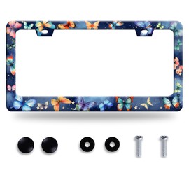 Colorful Butterfly License Plate Frame Fantasy Butterflies License Plate Frames Funny Stainless Steel Accessories Cars Decor with 2 Holes and Screws Fits Standard Us Ca Vehicles Holder 12.2 X 6 Inch
