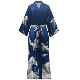 BestWendding Women's Satin Kimono Robes Floral Patterned Long Bathrobe Silky Dressing Gown Bridesmaid Robes with 2 Pockets, Crane Navy M