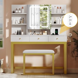 YITAHOME Vanity Desk with LED Lights Mirror & Power Outlets, Makeup Table Set with 3 Adjustable Lighting Modes, Open Shelves and Hidden Storage, Stool, Hooks and Hair Dryer Holder for Bedroom, White