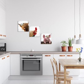 Farm Animal Farmhouse Wall Art: Highland Cow Rooster Pig Head Picture for Kitchen, 3 Piece Rustic Farmhouse Decor Vintage Canvas Print Living Room Home Decoration