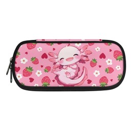 SCRAWLGOD Axolotl Pencil Case for Girls Strawberry Pencil Pouch with Zipper Pencil Bags Big Capacity Kids Pen Case Box Stationery Organizer Office School Storage
