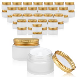 RAMFIYN 48 pack 10ml Frosted Glass Jars with Gold Lids Small Empty Travel Lotion Containers with Inner Liner Airtight Cosmetic Holder with Labels for Lip Balm Creams Body Butter