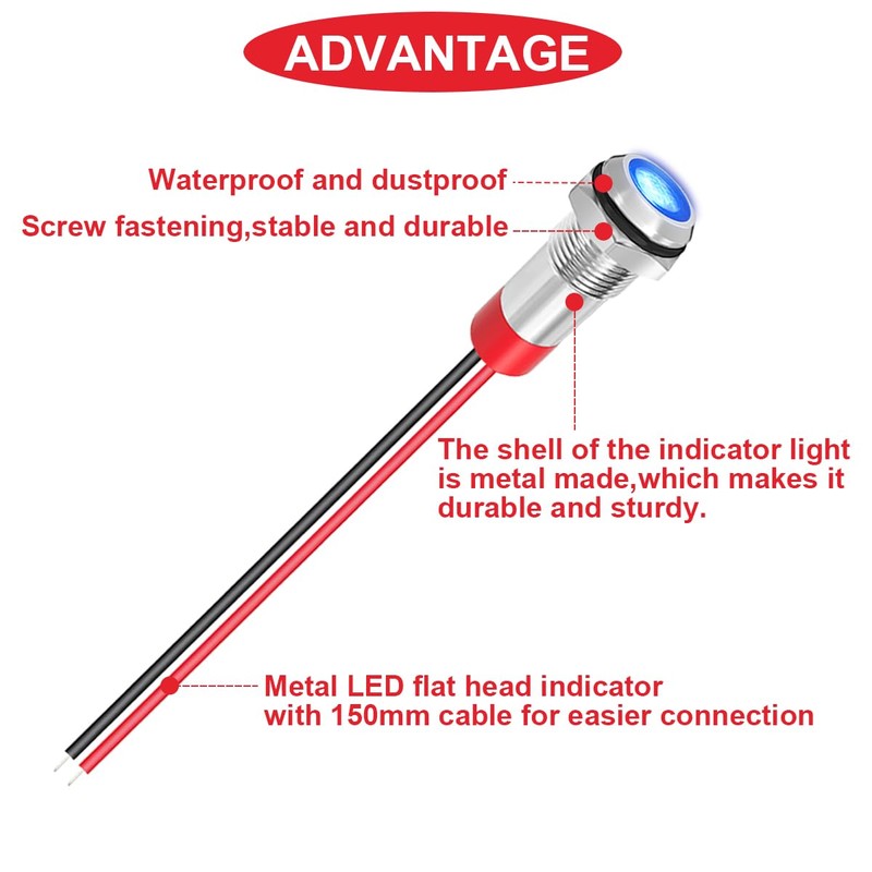MKBKLLJY 10Pcs 6mm DC 12-24V 1A Blue LED Metal Indicator