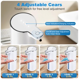 maxtachi Automatic Soap Dispenser, 1200 mAh Electric Soap Dispenser with Infrared Sensor, 4 Levels, Adjustable Automatic Soap Dispenser, Wall Mounting, IPX5 Waterproof for Kitchen, Bathroom, School