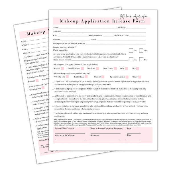 Makeup Application Release of Liability Forms | 50 Pack | 8.5x11" inch Paper Size Form | Clients Signature | White and Pink Design