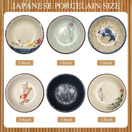 Tioncy Set of 12 Japanese Retro Style Tableware Soy Sauce Dish Set 6 Pcs Asian Soup Spoons 6 Pcs Ramen Appetizer Plates 3.8 Inch Japanese Rice Spoon for Sushi Sauce Snack